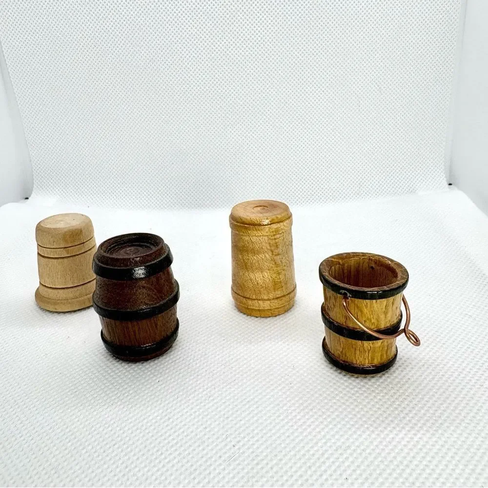 Vintage Miniature Turned Wooden Barrels & Bucket Lot Rustic Farmhouse Dollhouse